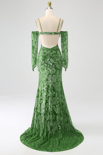 Sirena Off the Shoulder Olive Printed Long Prom Dress con spacco frontale